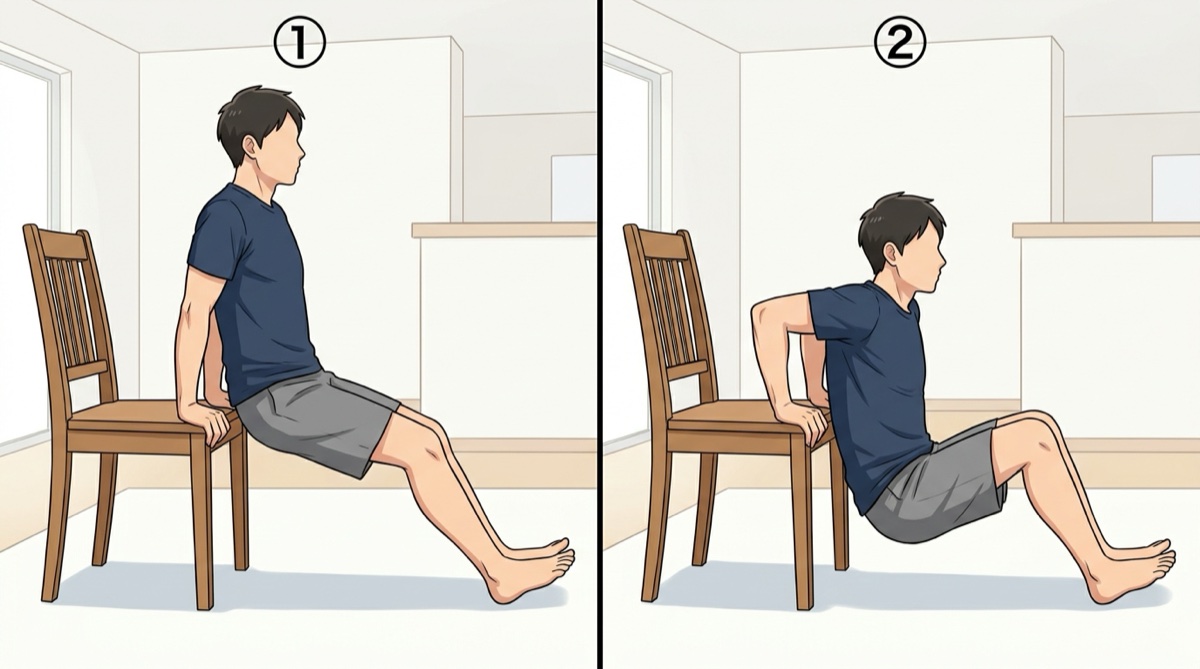 椅子を使ったディップスの手順を示すイラスト
